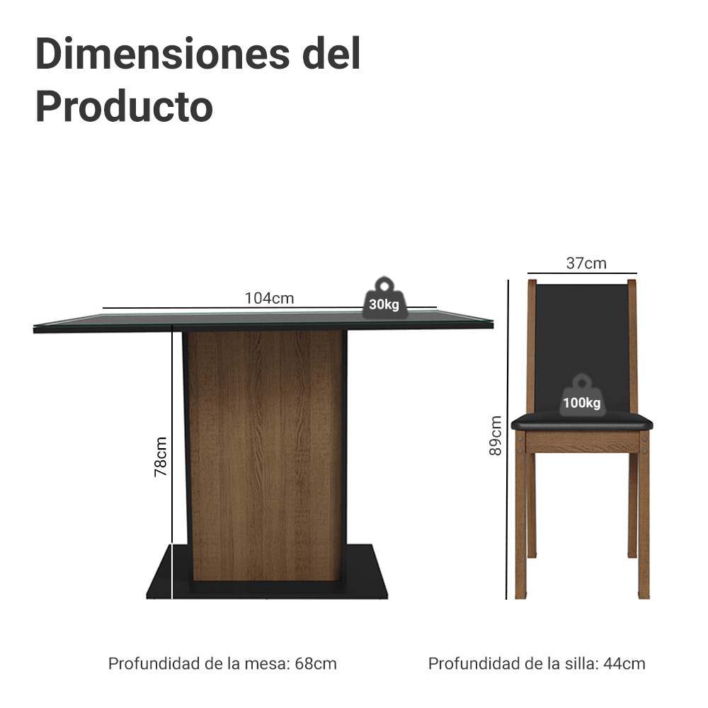 Conjunto de Comedor con Encimera Vidrio 4 Sillas Negro/Marrón Martina Madesa