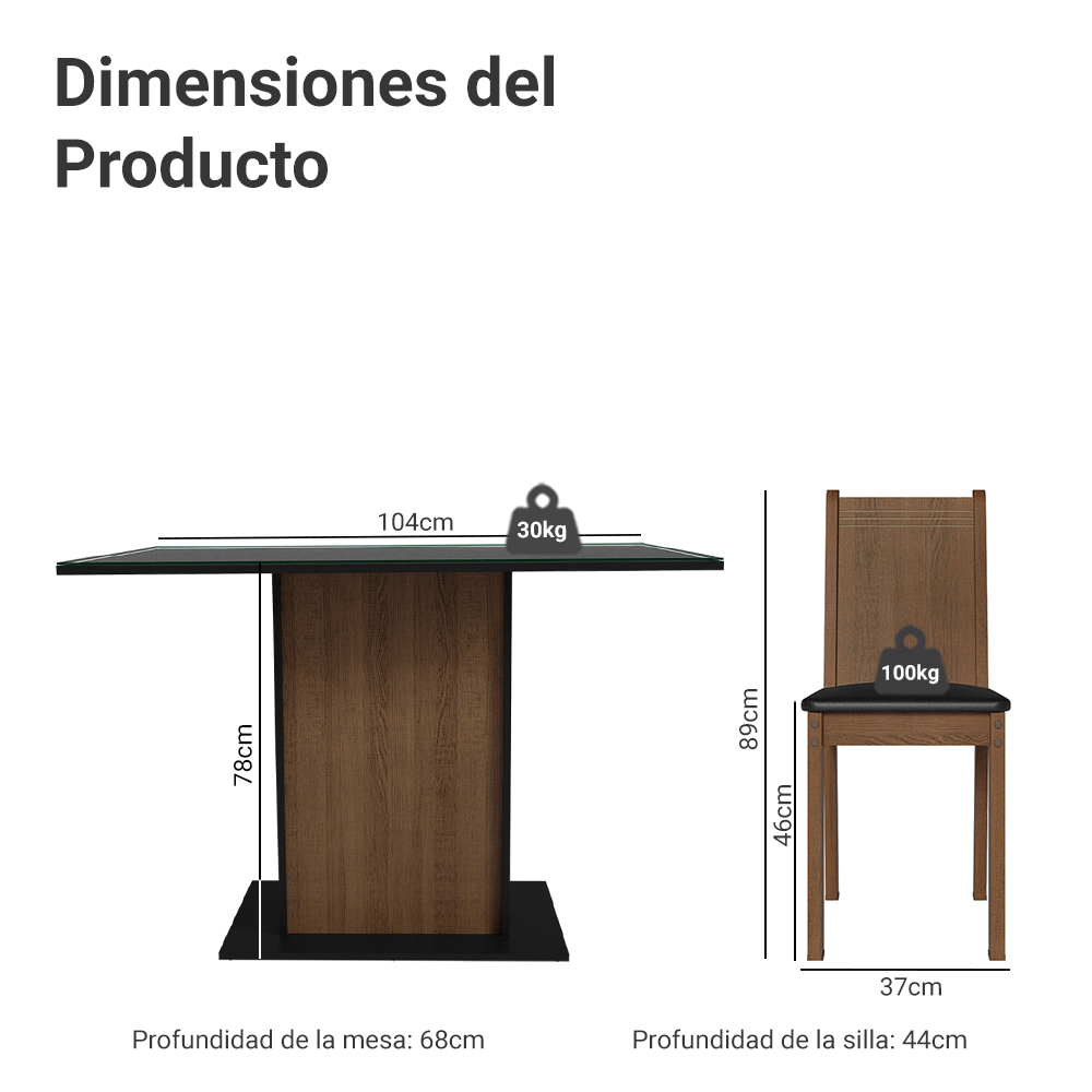 Conjunto de Comedor con Encimera Vidrio 4 Sillas Negro/Marrón Camelia Madesa