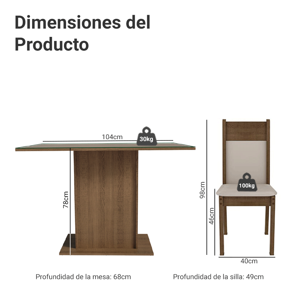 Conjunto de Comedor con Encimera Vidrio 4 Sillas Marrón/Crema/Beige Viena Madesa