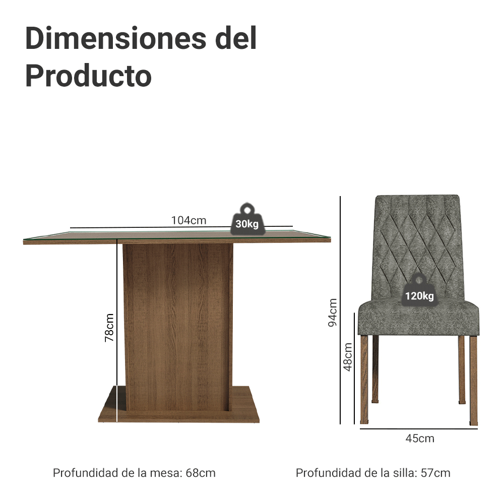 Conjunto de Comedor con Encimera Vidrio 4 Sillas Marrón/Silver Reale Madesa