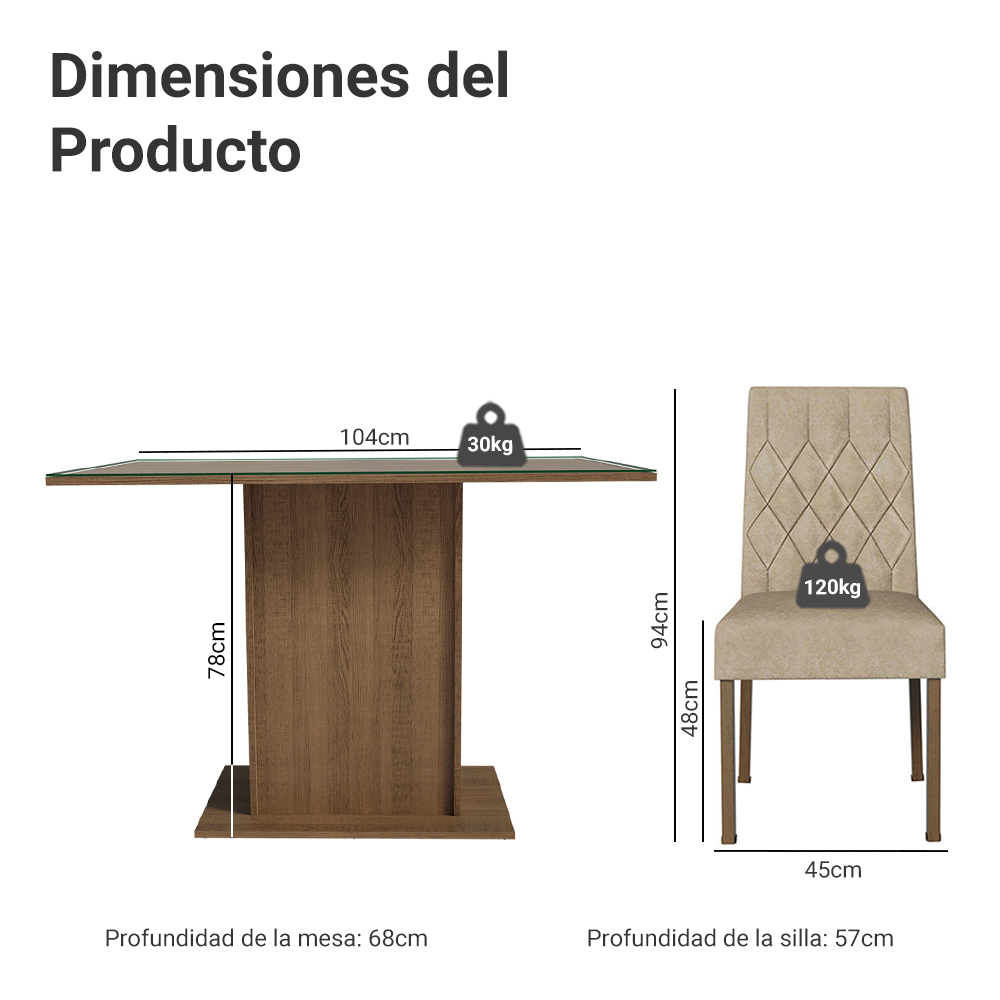 Conjunto de Comedor con Encimera Vidrio 4 Sillas Marrón/Imperial Reale Madesa
