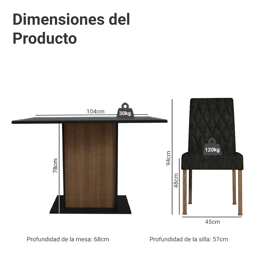 Conjunto de Comedor con Encimera Vidrio 4 Sillas Marrón/Negro/Oxford Reale Madesa