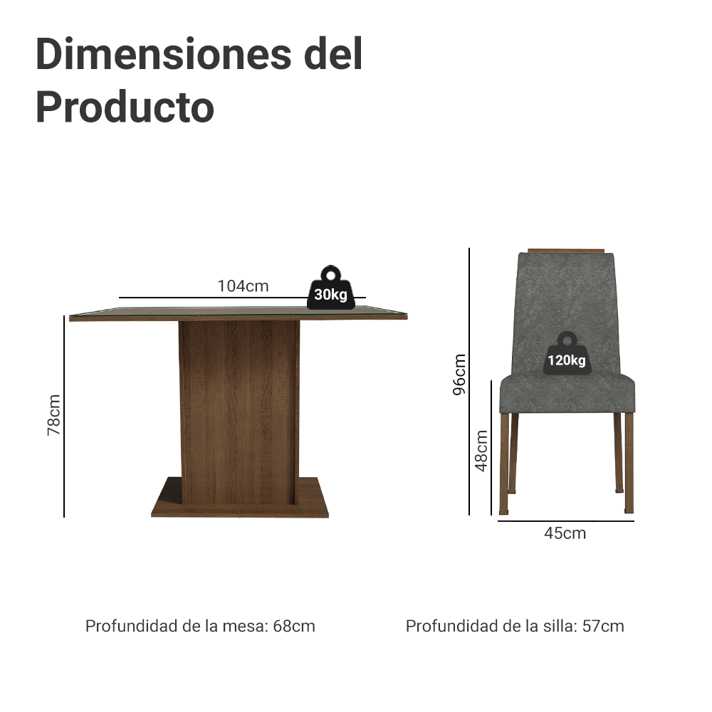 Conjunto de Comedor Encimera de Vidrio 4 Sillas Marrón/Silver Jasmin Madesa
