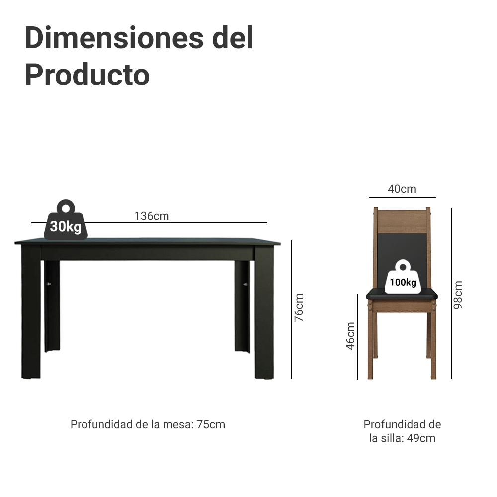 Conjunto de Comedor 6 Sillas Negro/Marrón/Sintético Medelin Madesa