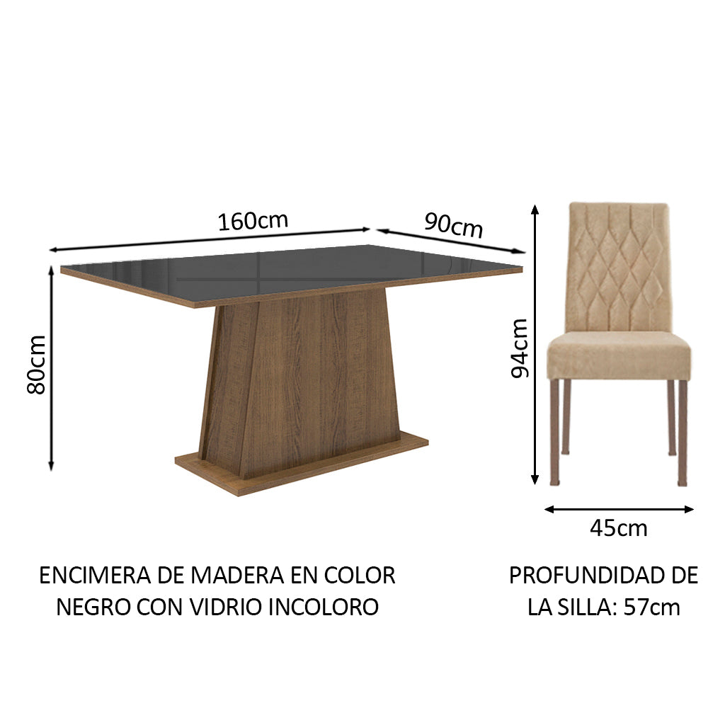 Juego de Comedor Mesa Vidrio 6 Sillas Stéfani - Marrón/Negro/Imperial