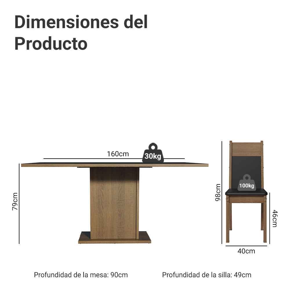 Juego de Comedor Mesa con Encimera de Madera 6 Sillas Negro/Marrón Augusta