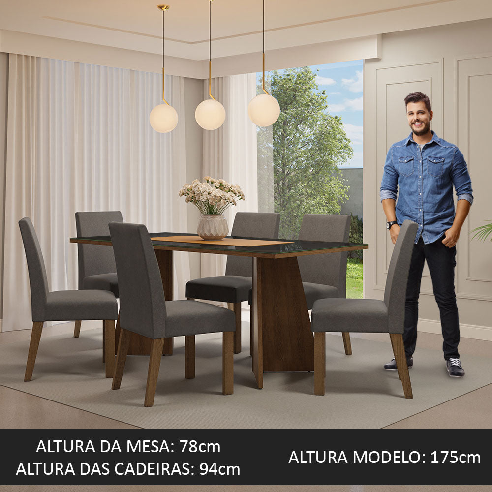 Conjunto de Comedor con Encimera Vidrio 6 Sillas Marrón/Negro/Silver Valerie Madesa