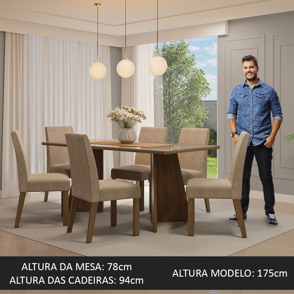 Conjunto de Comedor con Encimera Vidrio 6 Sillas Marrón/Crema/Imperial Valerie Madesa