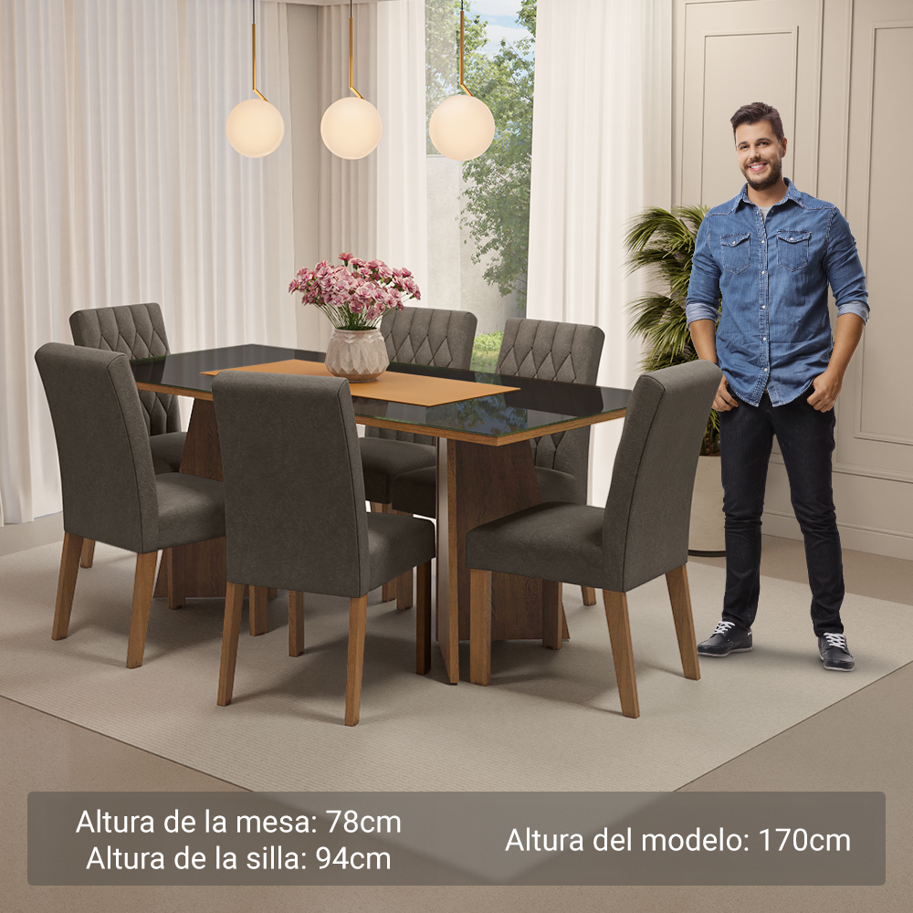 Conjunto de Comedor con Encimera Vidrio 6 Sillas Marrón/Negro/Silver Marissa Madesa