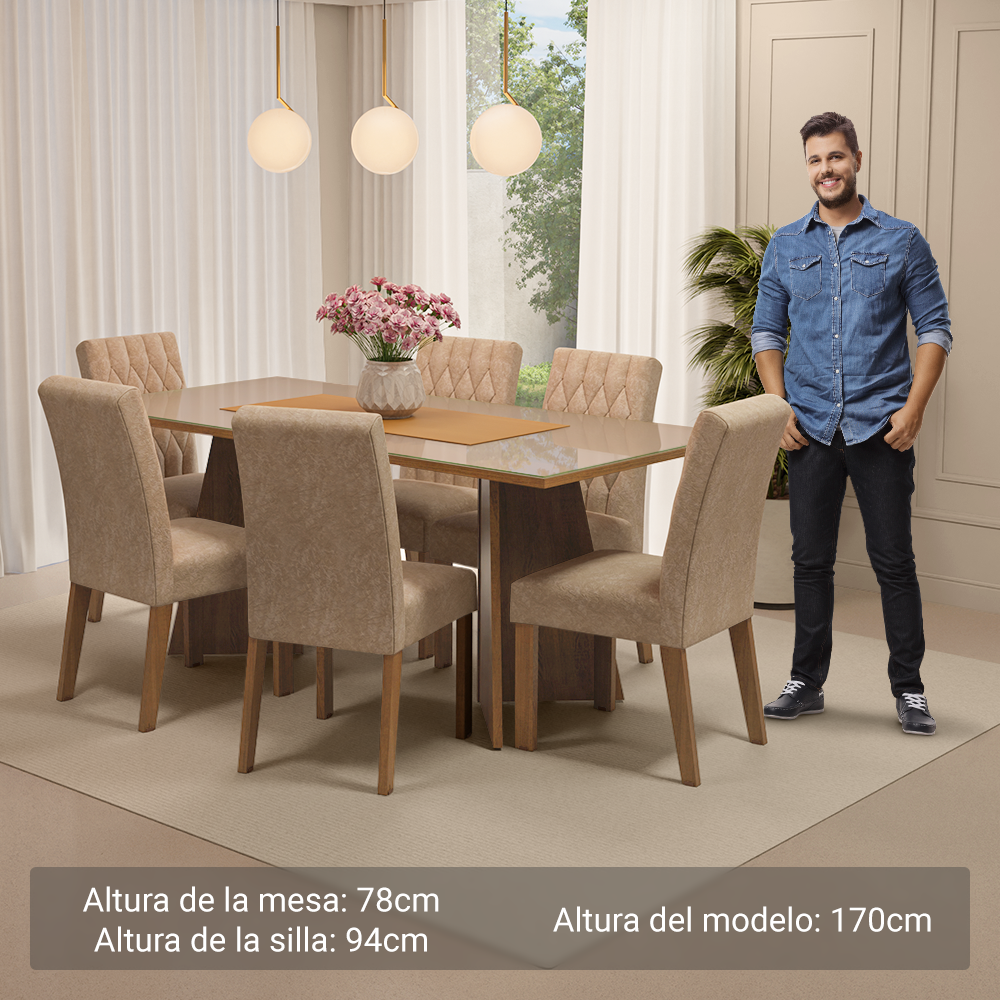 Conjunto de Comedor con Encimera Vidrio 6 Sillas Marrón/Crema/Imperial Marissa Madesa