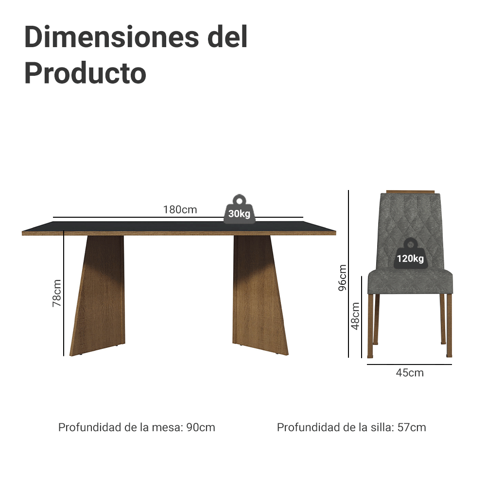 Juego de Comedor Encimera de Madera 6 Sillas Marrón/Negro/Silver York Madesa