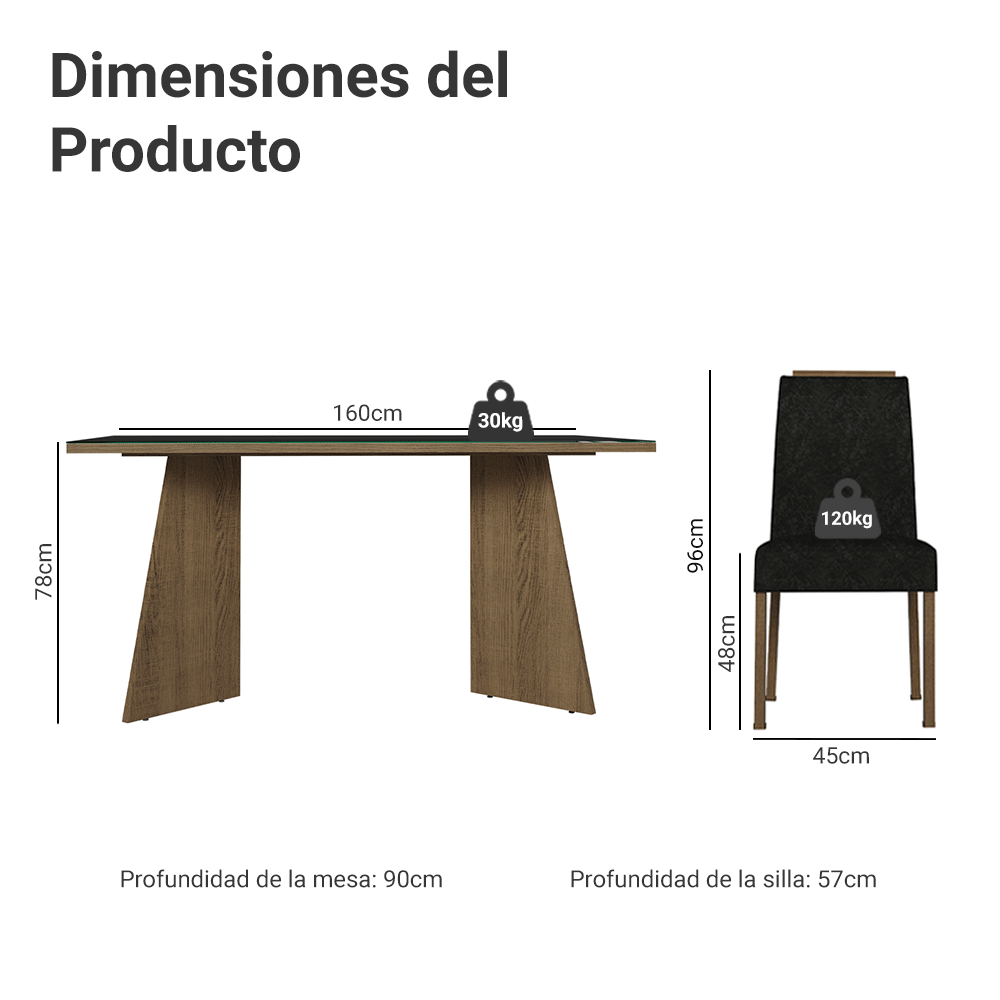 Conjunto de Comedor Encimera de Vidrio 6 Sillas Marrón/Negro/Oxford Madrid Madesa