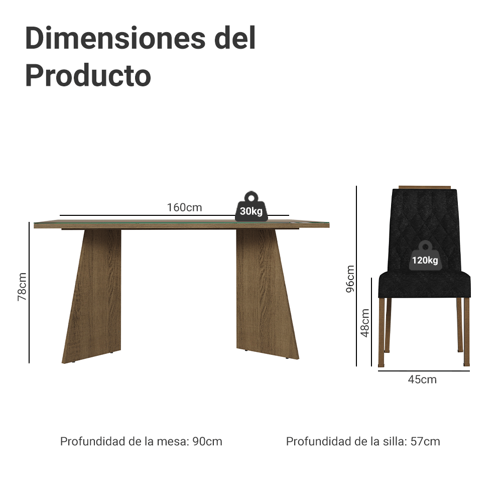 Conjunto de Comedor Encimera de Vidrio 6 Sillas Marrón/Oxford Sintra Madesa
