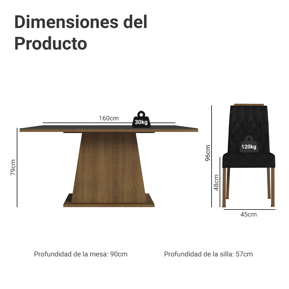 Conjunto de Comedor Encimera de Vidrio 6 Sillas Marrón/Negro/Oxford Peônia Madesa