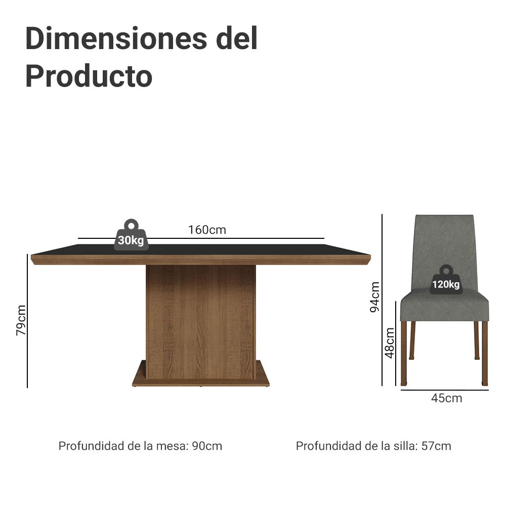 Conjunto de Comedor 6 Sillas Marrón/Negro/Silver Grasse Madesa