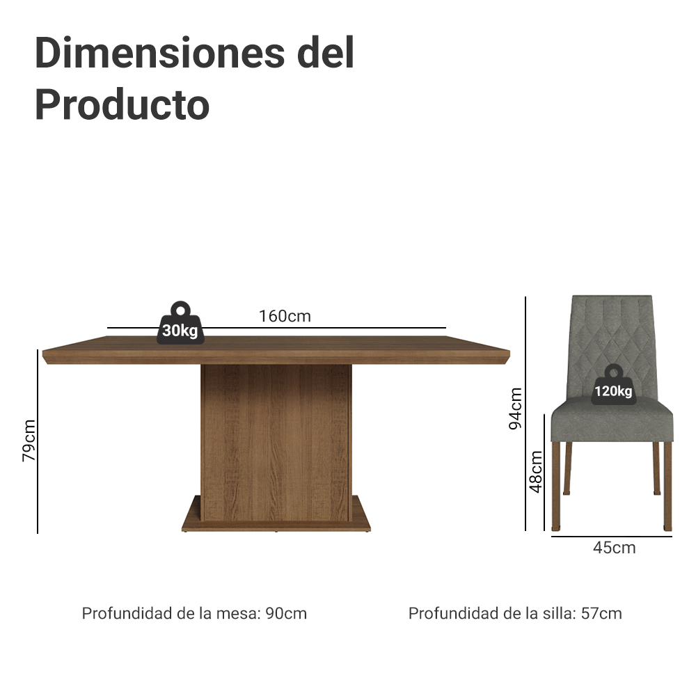 Conjunto de Comedor 6 Sillas Marrón/Silver Luso Madesa