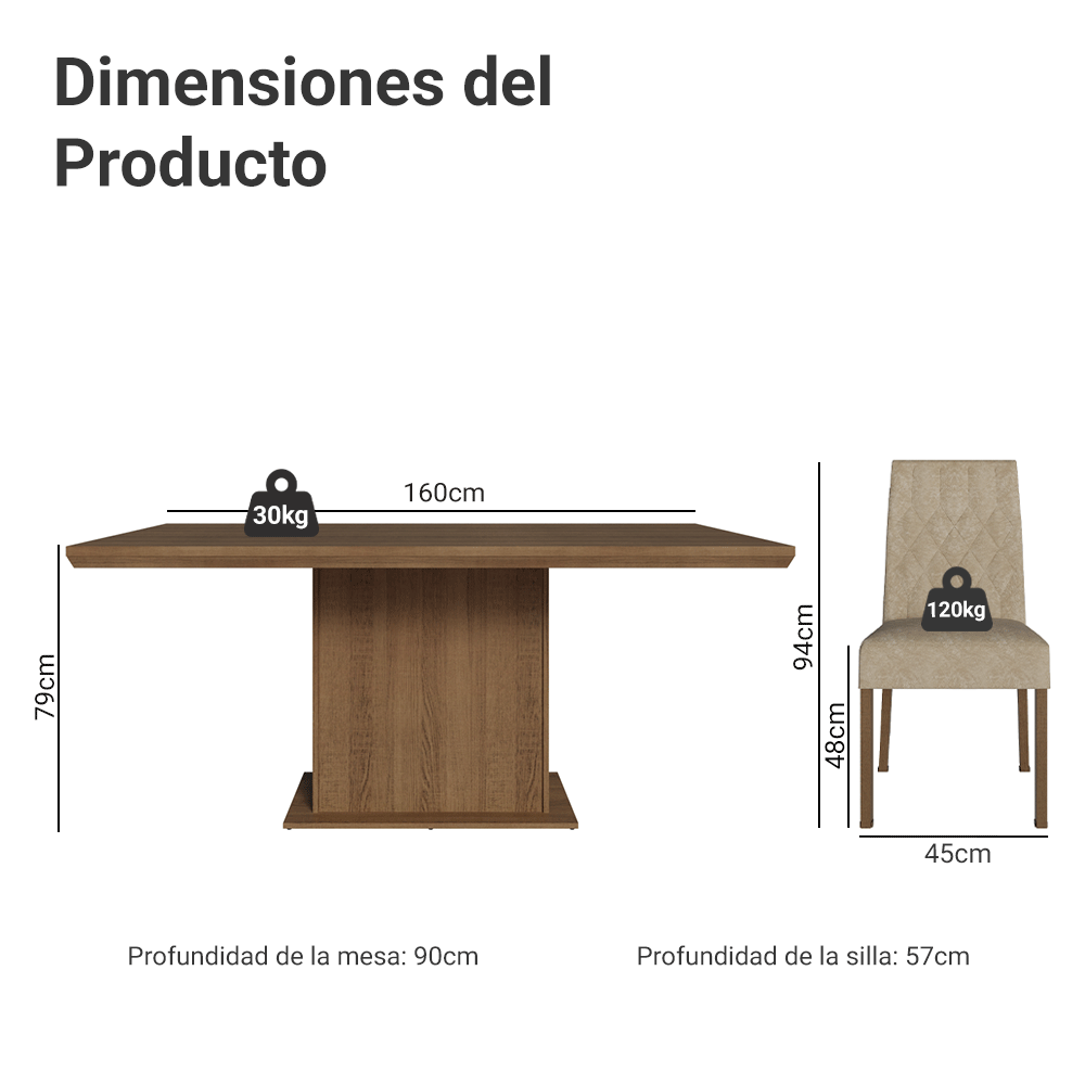 Conjunto de Comedor 6 Sillas Marrón/Imperial Luso Madesa