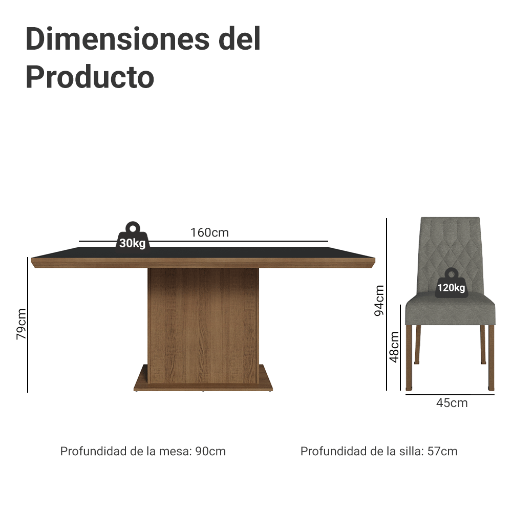 Conjunto de Comedor 6 Sillas Marrón/Negro/Silver Luso Madesa