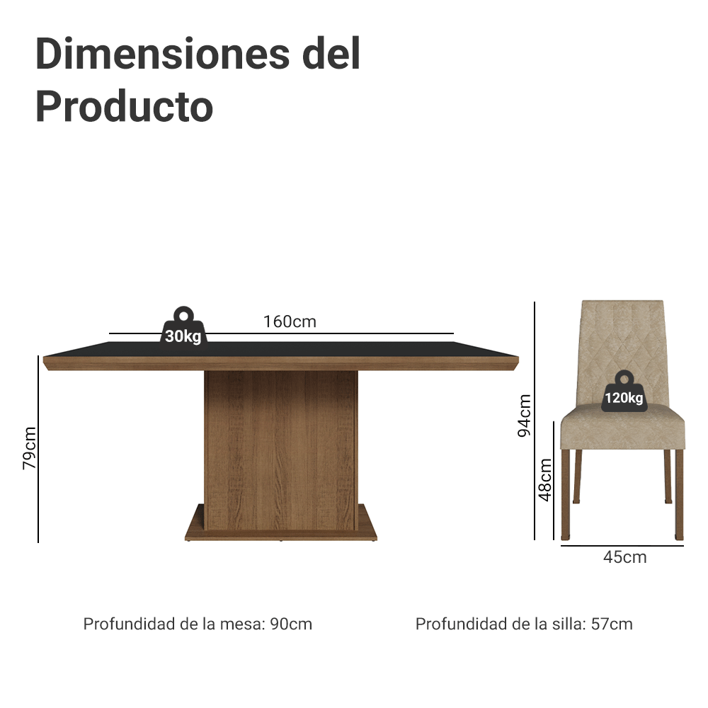 Conjunto de Comedor 6 Sillas Marrón/Negro/Imperial Luso Madesa