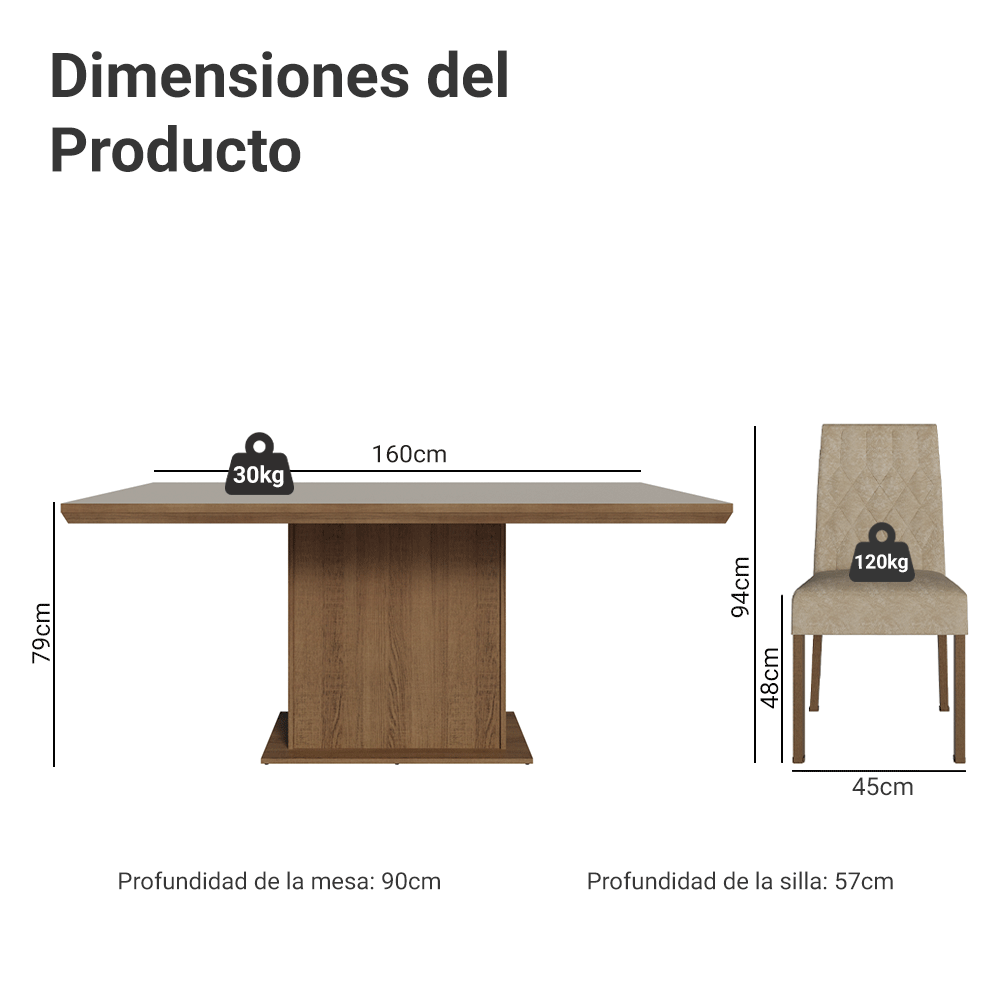 Conjunto de Comedor 6 Sillas Marrón/Crema/Imperial Luso Madesa