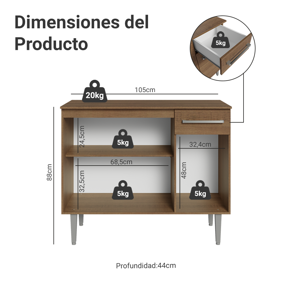 Aparador 105 cm 3 Puertas 1 Cajón Marrón Madesa
