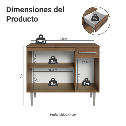 Aparador 105 cm 3 Puertas 1 Cajón Marrón Madesa