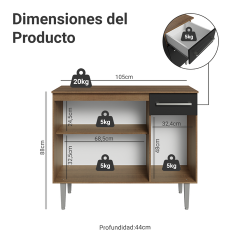 Aparador 105 cm 3 Puertas 1 Cajón Marrón/Negro Madesa