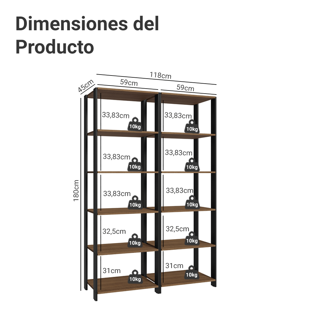 Kit con 2 Estantes Multiuso 5 Niveles 118cm Marrón/Negro