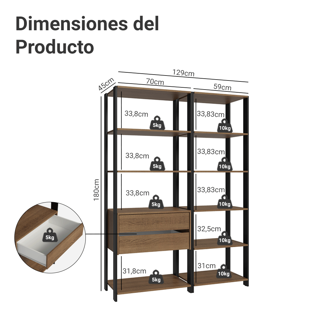 Armario Estante Multiuso 2 Cajones 9 Niveles 129cm Marrón/Negro