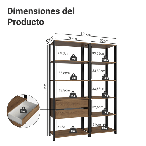 Armario Estante Multiuso 2 Cajones 9 Niveles 129cm Marrón/Negro