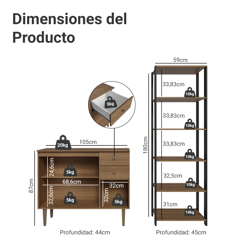 Kit Cocina Gabinete Bajo 3 Puertas 2 Cajones y Estante Despensero 5 Niveles Marrón/Negro