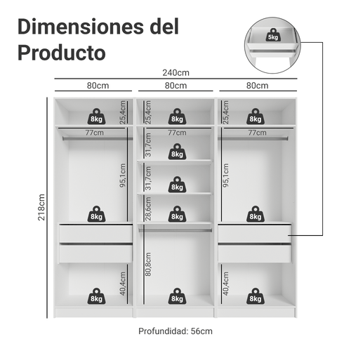 Clóset Modular 240 cm 6 Puertas 4 Cajones Blanco Neo Madesa