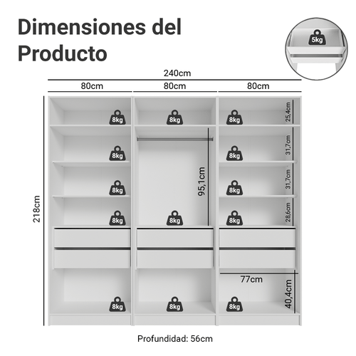 Clóset Modular 240 cm 6 Puertas 6 Cajones Blanco Neo Madesa