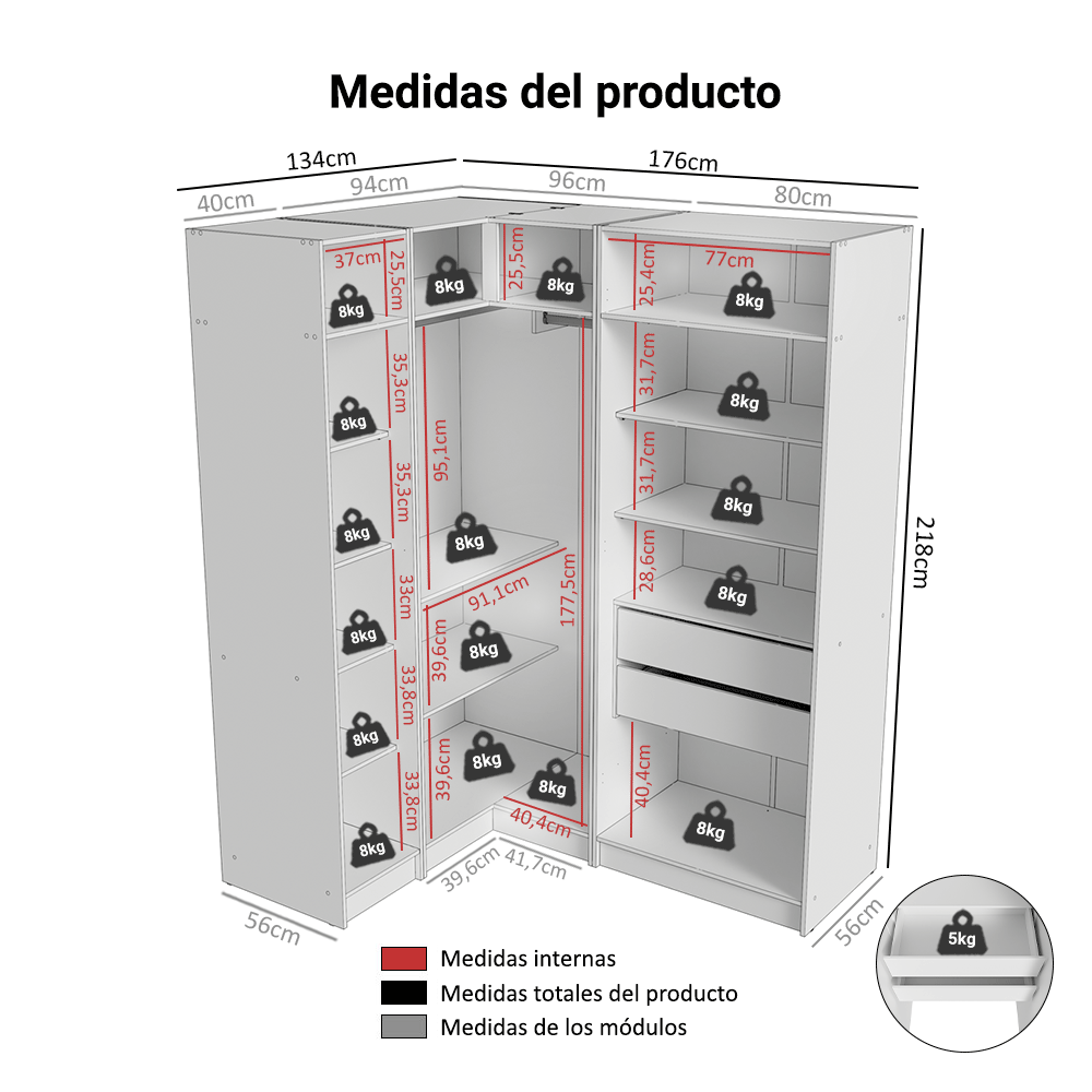Clóset Modular Esquinero 310 cm 5 Puertas 2 Cajones Blanco Neo Madesa