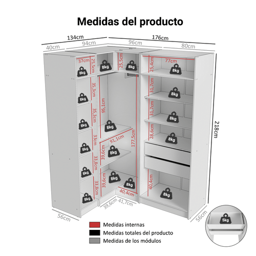 Clóset Modular Esquinero 310 cm 5 Puertas 2 Cajones Blanco Neo Madesa