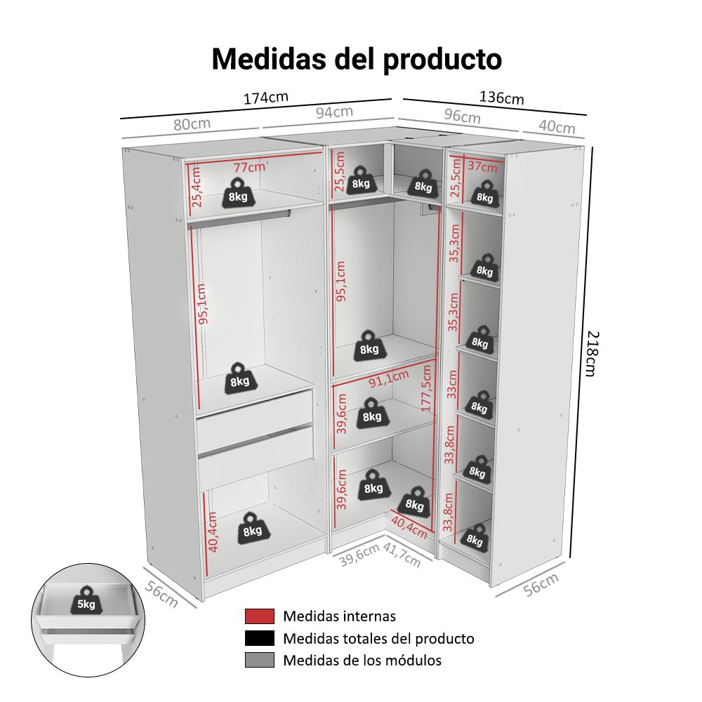 Clóset Modular Esquinero 310 cm 5 Puertas 2 Cajones Blanco Neo Madesa