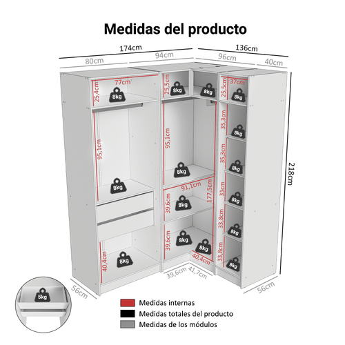 Clóset Modular Esquinero 310 cm 5 Puertas 2 Cajones Blanco Neo Madesa