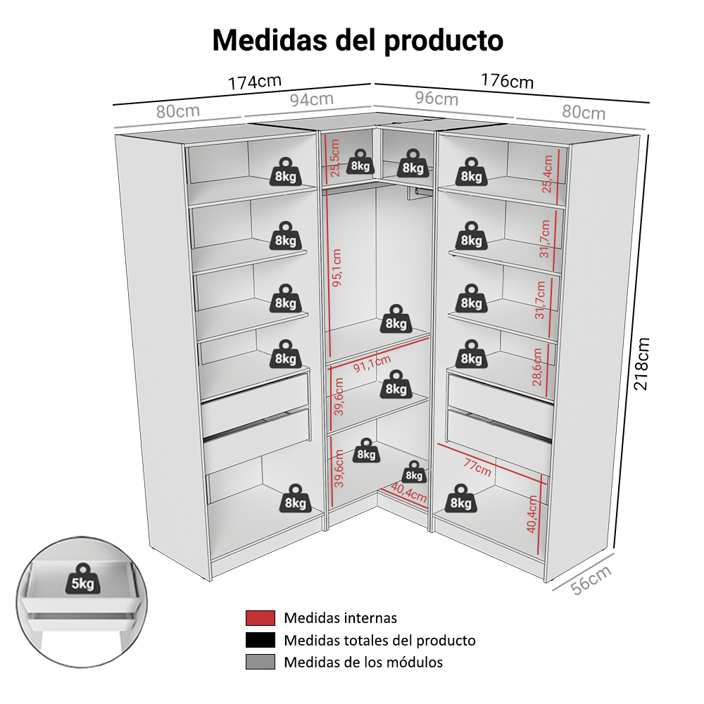 Clóset Modular Esquinero 350 cm 6 Puertas 4 Cajones Blanco Neo Madesa