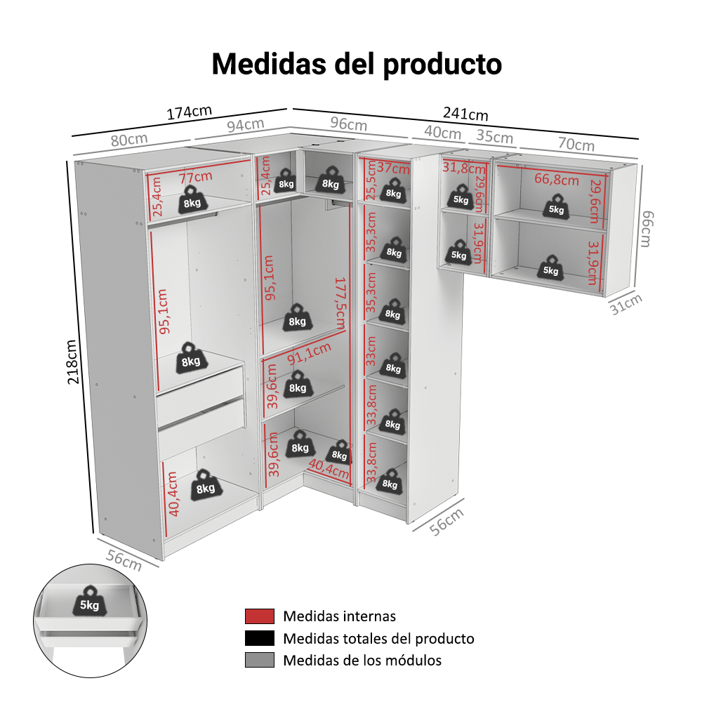 Clóset Modular Esquinero 415 cm 8 Puertas 2 Cajones Blanco Neo Madesa