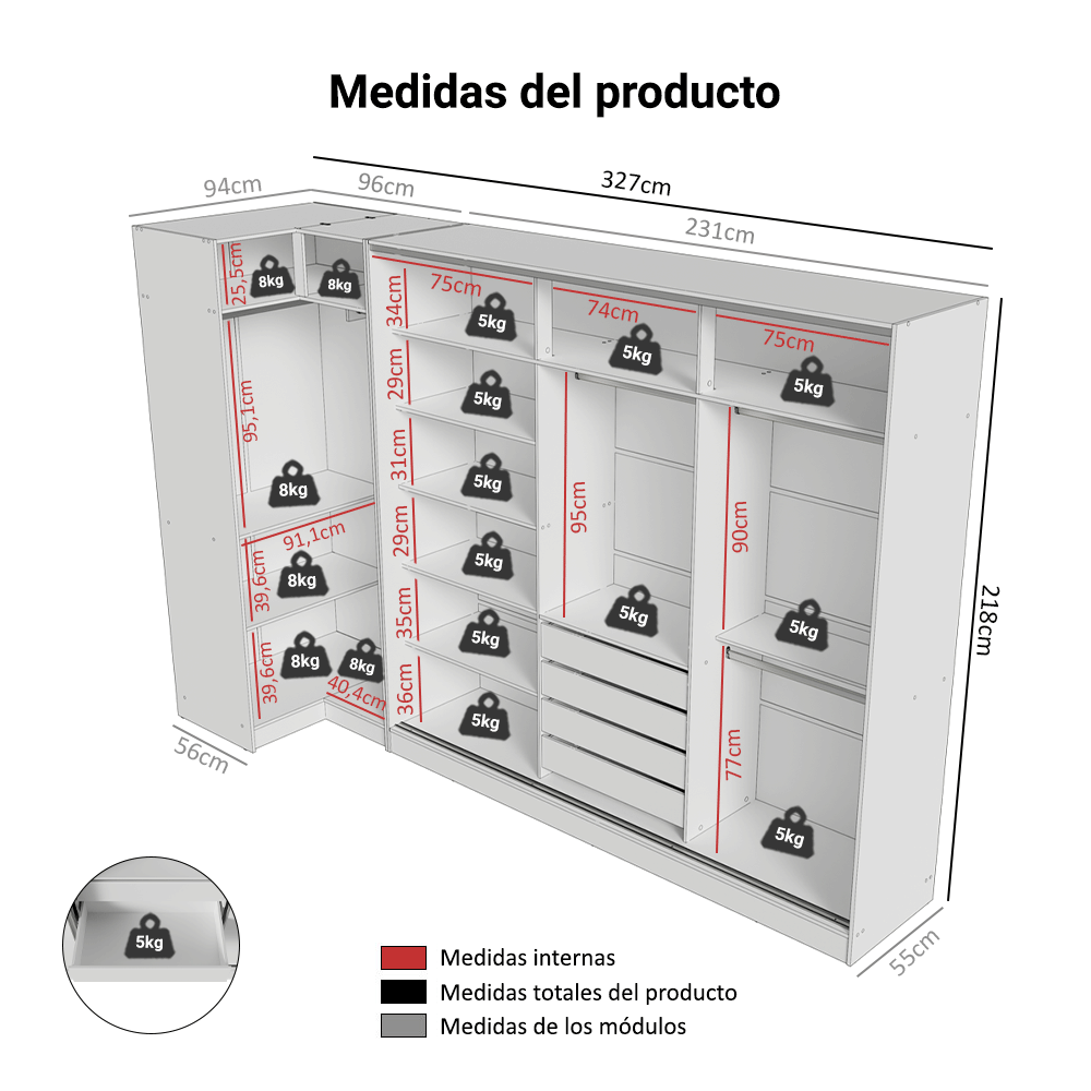 Kit Clóset Esquinero Modular y Clóset Matrimonial 3 Puertas Corredizas con 3 Espejos Blanco Neo Madesa