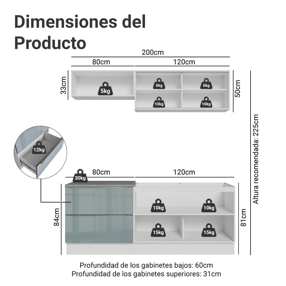 Cocina Integral 200cm Blanco/Gris Lux 01