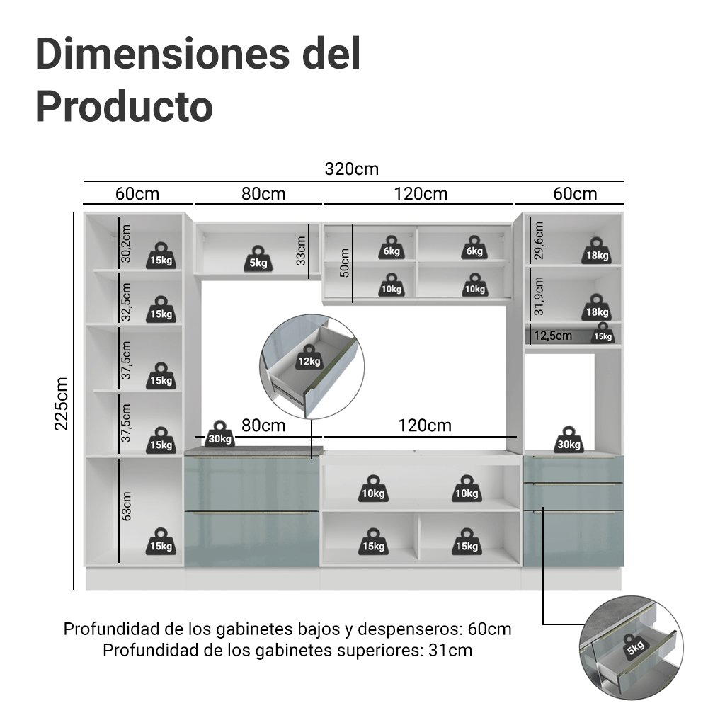 Cocina Integral 320 cm Lux Blanco/Gris 01