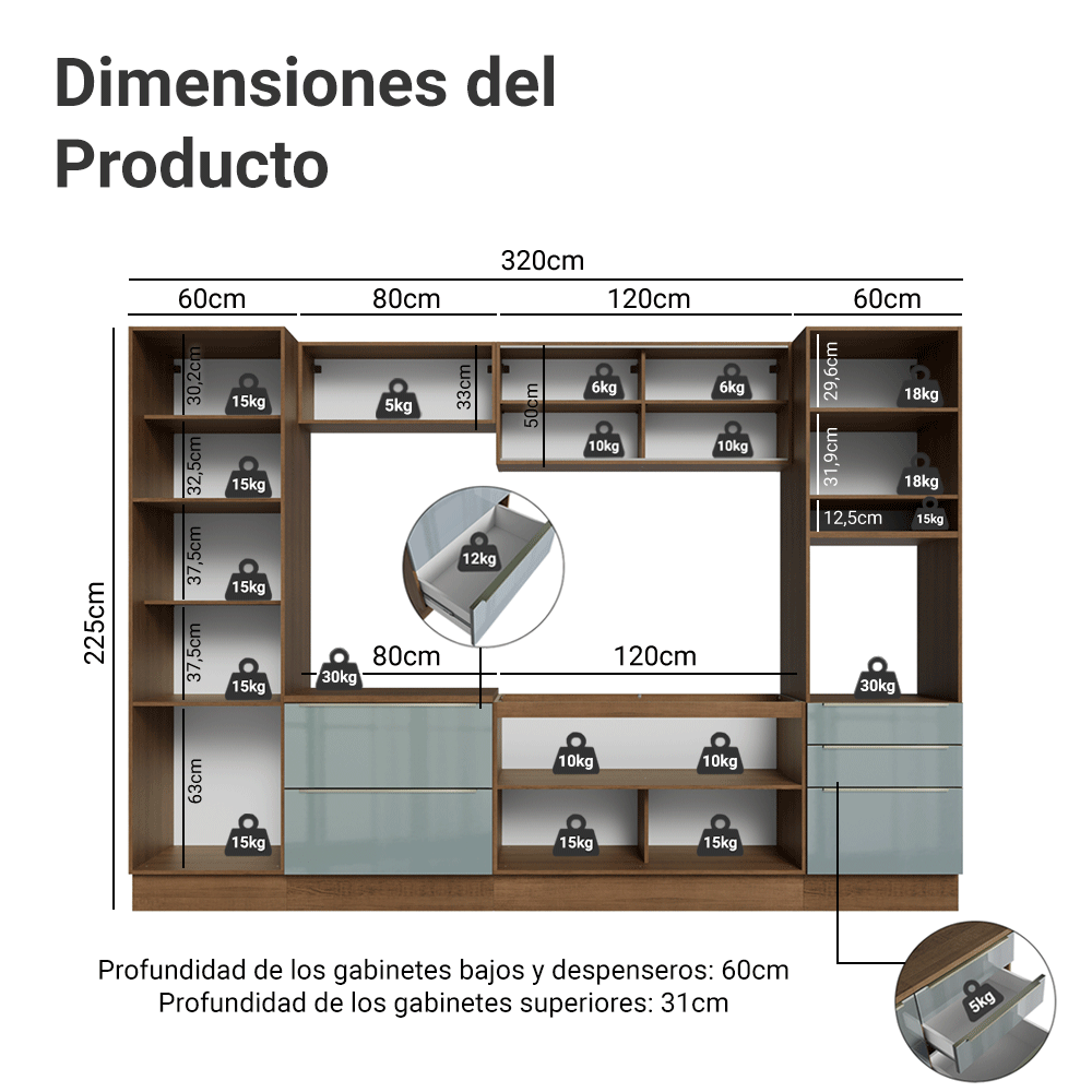 Cocina Integral 320 x 60 cm 9 Puertas 5 Cajones Con Mueble para Horno Marrón/Gris Lux Madesa 01