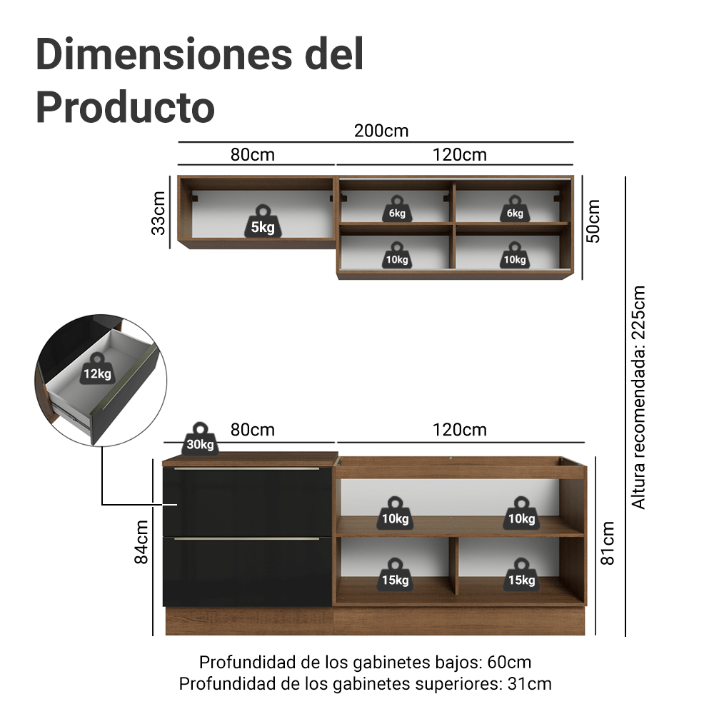 Cocina Compacta 200 cm Marrón/Negro Lux Madesa
