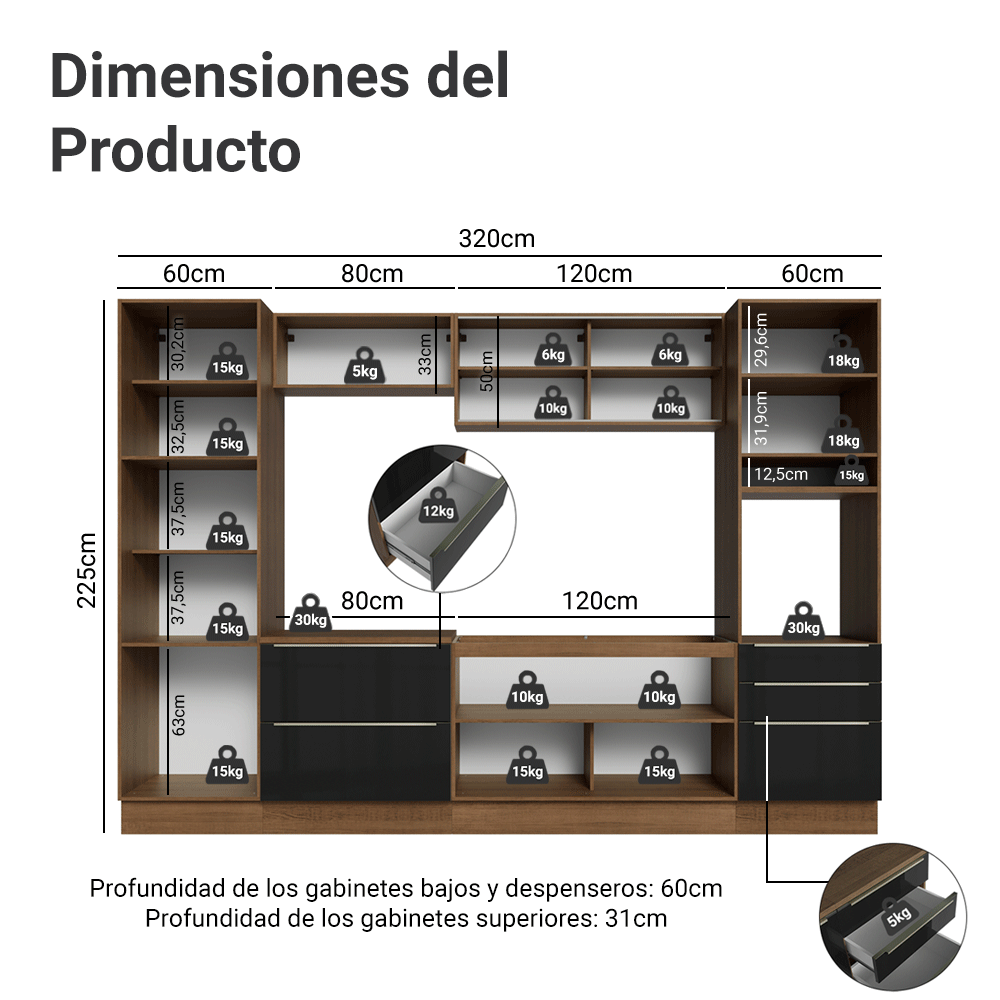 Cocina Integral 320 x 60 cm 9 Puertas 5 Cajones Con Mueble para Horno Marrón/Negro Lux Madesa 01