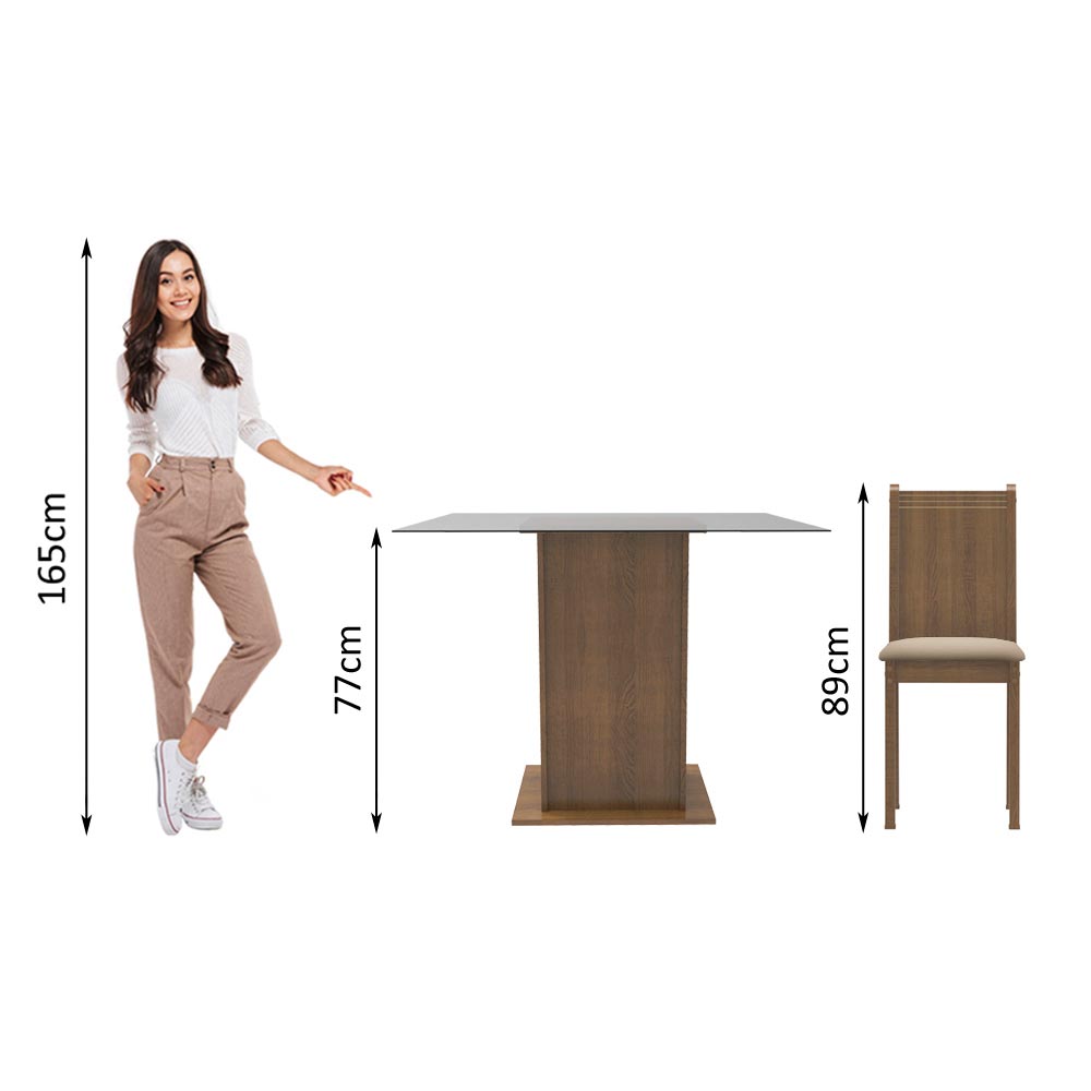 Juego de Comedor Mesa con Encimera de Vidrio y 4 Sillas Rustic/Sintético/Beige Magda