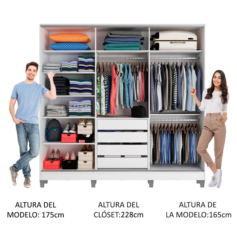Clóset Matrimonial 231 cm 3 Puertas Corredizas Con 1 Espejo 100% MDF Blanco Royale Madesa