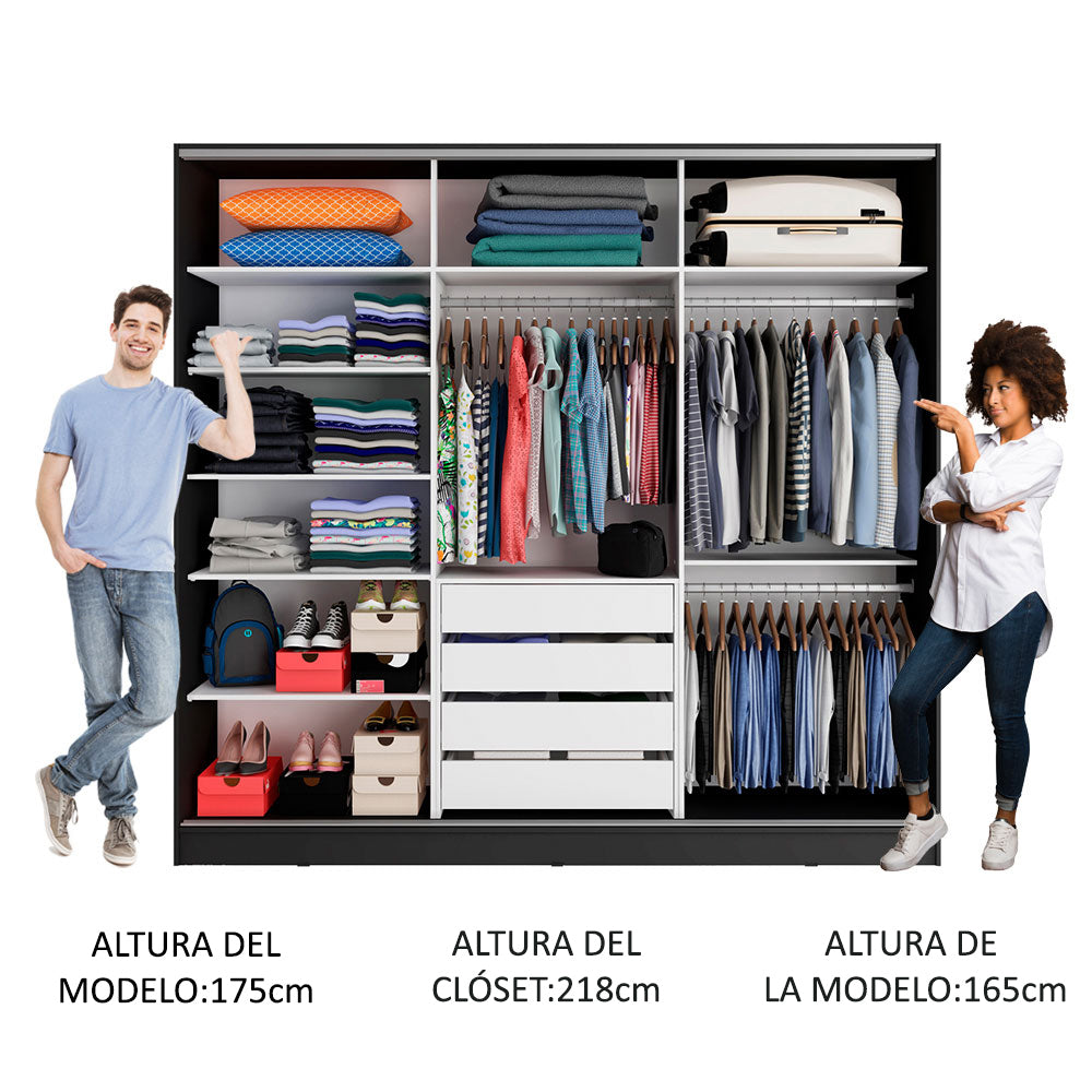 Clóset Matrimonial 231 cm 3 Puertas Corredizas Con 2 Espejos 100% MDF Negro Royale Madesa