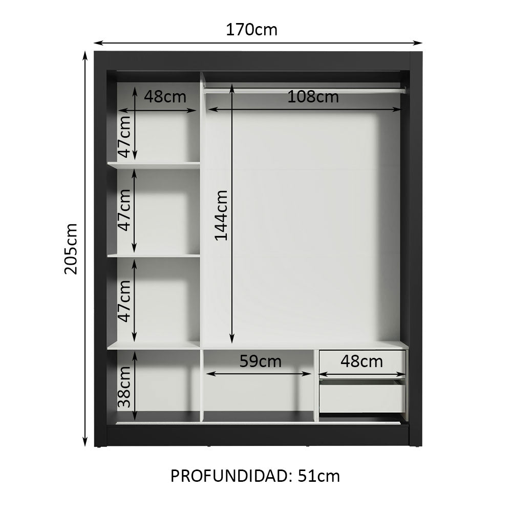 Clóset Matrimonial Lyon 3 Puertas Correderas con Espejo 2 Cajones Negro