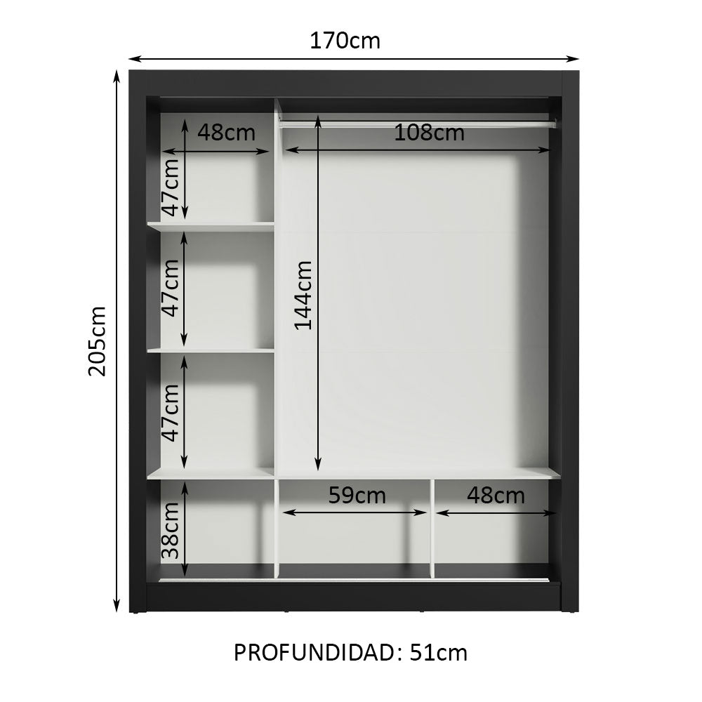 Clóset Matrimonial 3 Puertas Corredizas Negro/Gris Monaco